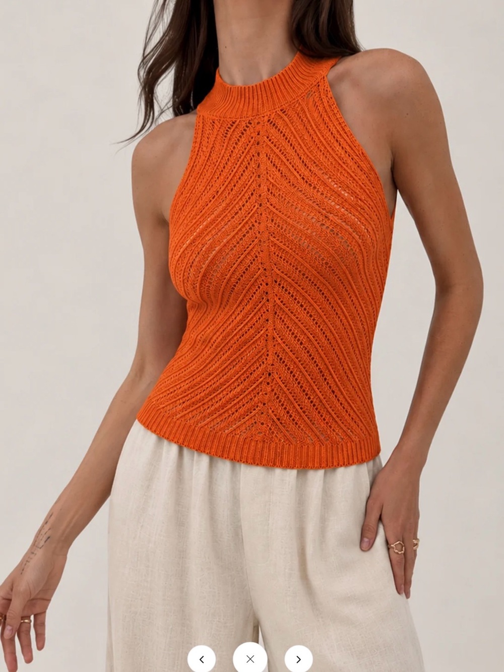 Commense Openwork Knit Halter Neck Top - Orange - Large